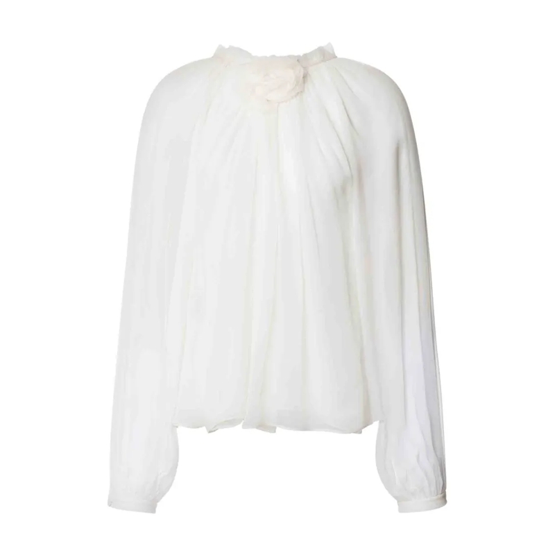 Alberta Ferretti Blouse Silk Chiffon Blouse With Floral Neckline Detail White