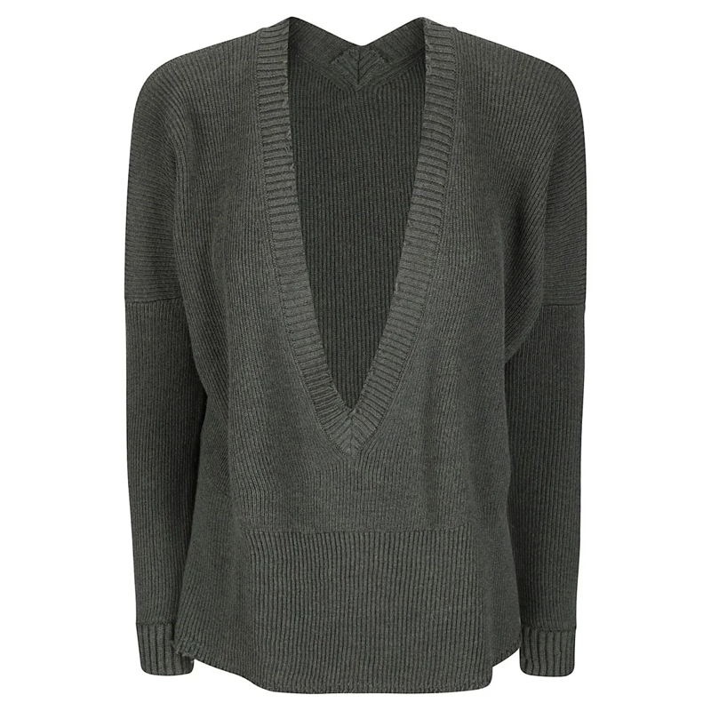 ARCHIVIO B Trui V-Neck Sweater With Classic Knit Texture And Ribbe Green