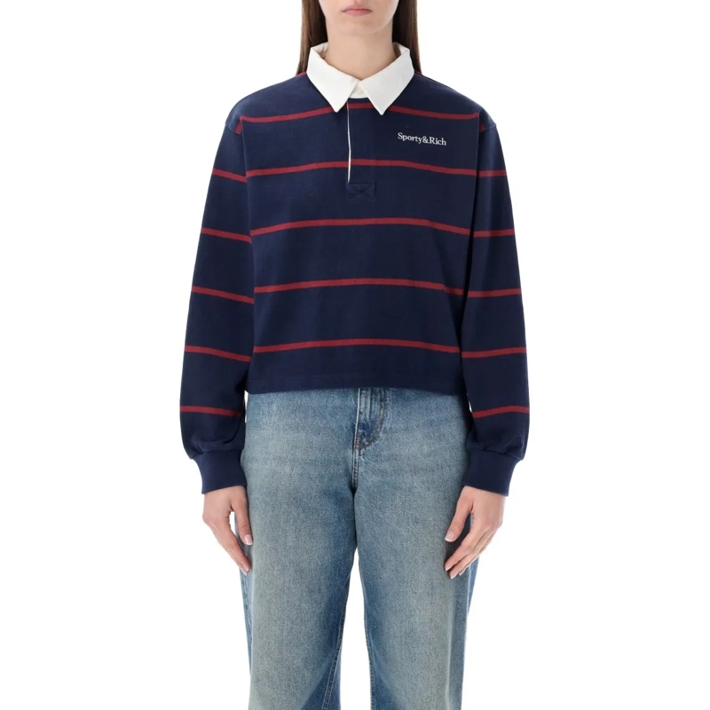 Sporty And Rich Haut à manches longues Boxy-Fit Navy And Merlot Rugby Polo Black