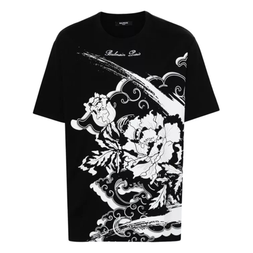 Balmain Black Flower-Print T-Shirt Black 
