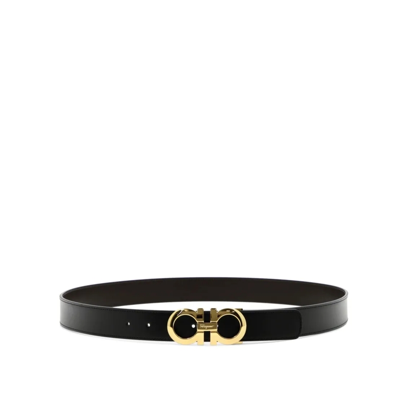 Salvatore Ferragamo Gürtel Leather Belt With Polished Brass Interlocking Buck Black