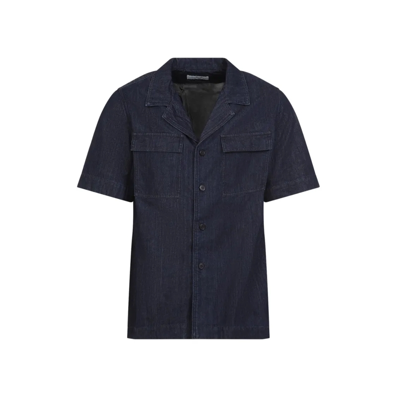 Dries Van Noten Hemd Short-Sleeved Blue Shirt With Classic Collar Black