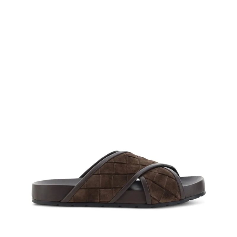Bottega Veneta Loafer Brown Calf Leather-Rubber Sandals Black