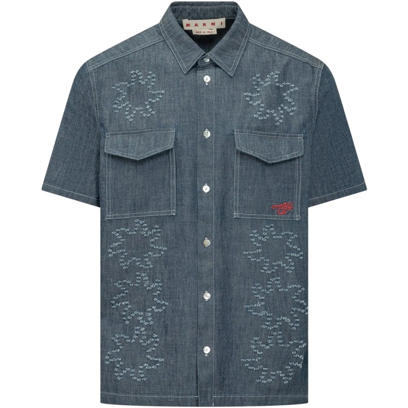 Marni Haut décontracté Camicia Denim con Tasche Applicate e Ricami blau