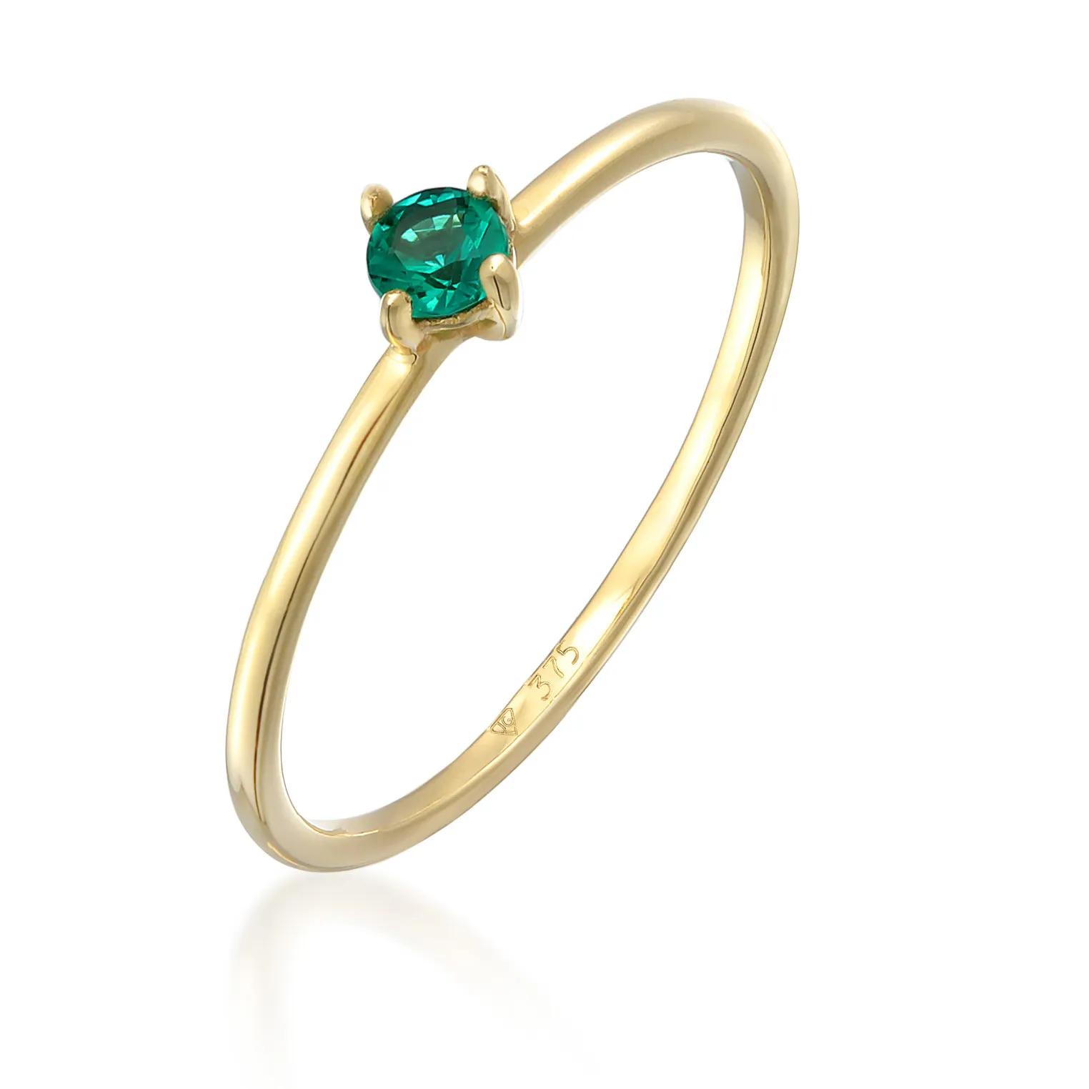 Elli Ringe - Ring Synthetischer Smaragd Solitär 375er Gelbgold - Gr. 52 MM - in Gold - für Damen