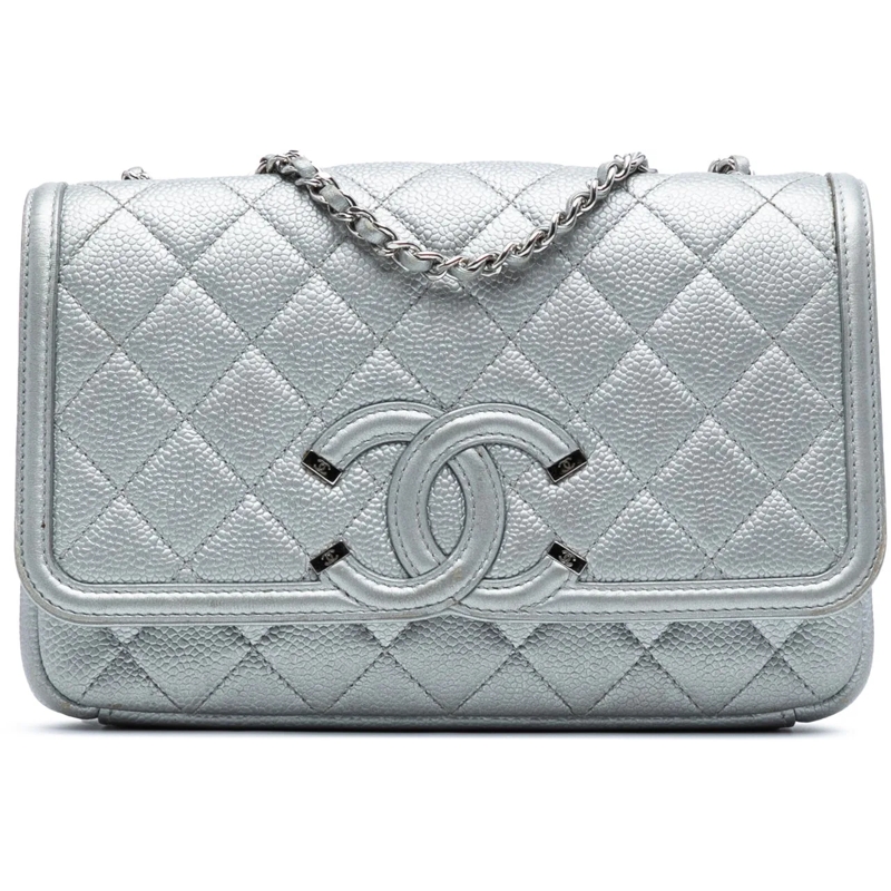 Chanel Sac à bandoulière Small Quilted Metallic Caviar CC Filigree Flap silber