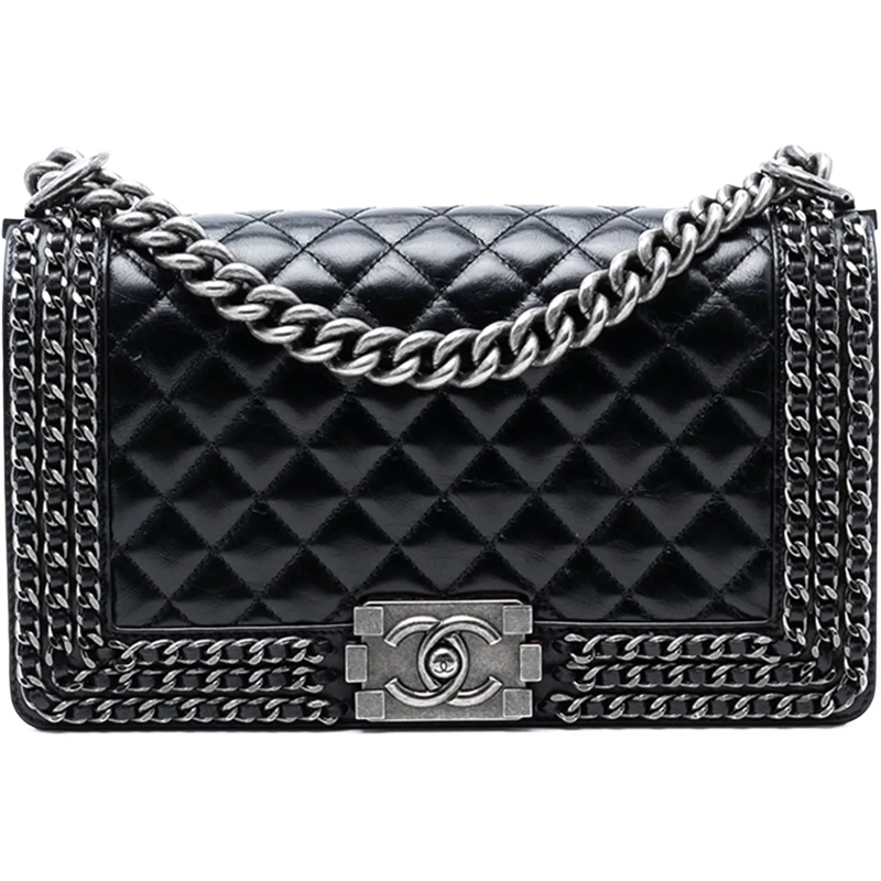 Chanel Schultertasche Old Medium Quilted Glazed Calfskin Chain Around Bo schwarz
