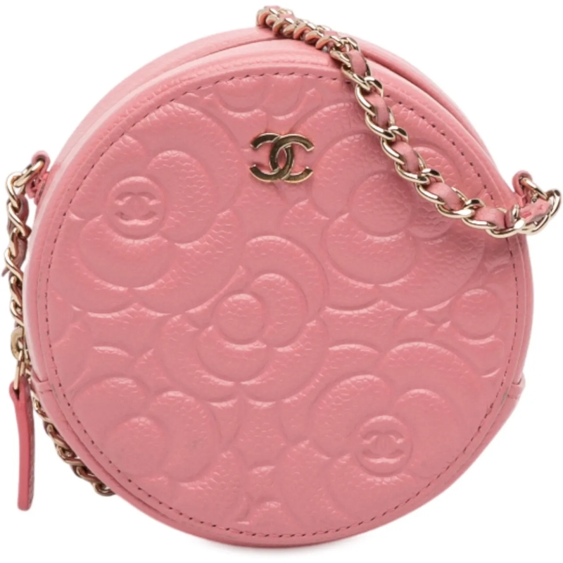 Chanel Sac à bandoulière CC Embossed Caviar Camellia Round Clutch With Chai rose