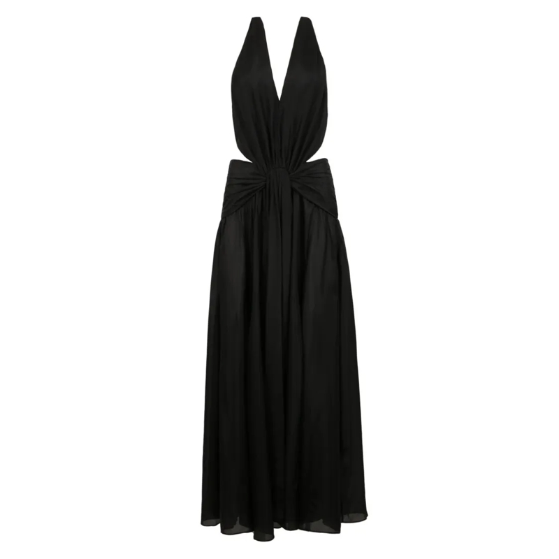 Zimmermann  Rhiannon Plunge Halter Maxi Dress In Habutae Silk Black