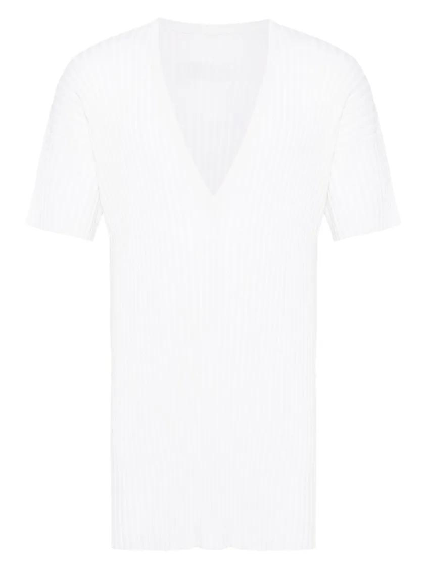 Thumbnail - MM6 Maison Margiela - Ribbed White Short-Sleeved Top With Deep V-Necklin - Größe L - weiß