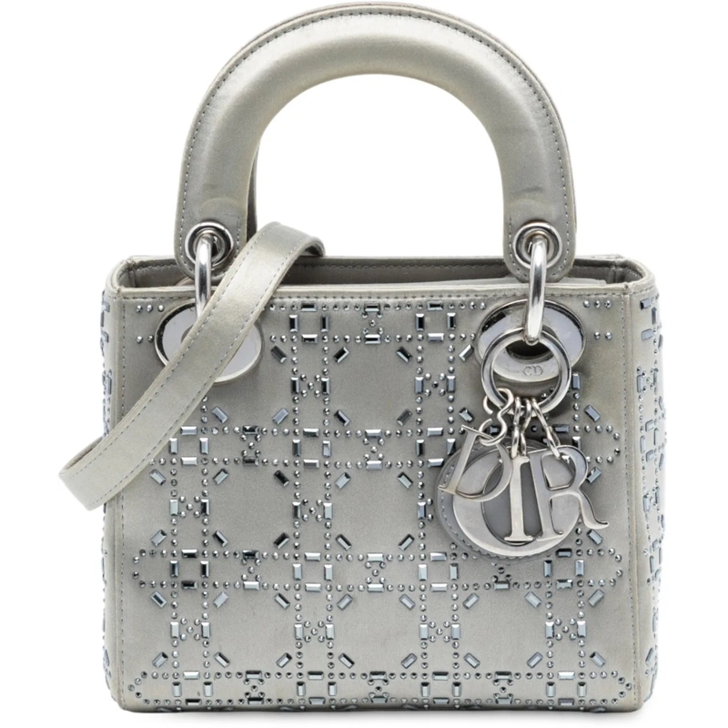 Christian Dior Schultertasche Mini Satin Cannage Strass Crystal Embellished Lady grau