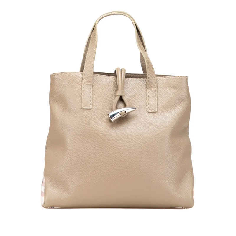 Burberry Shopper House Check Trimmed Grainy Calfskin Horn Toggle To braun