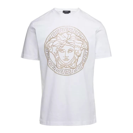 Versace White Crewneck T-Shirt With Studded Medusa In Cott White 