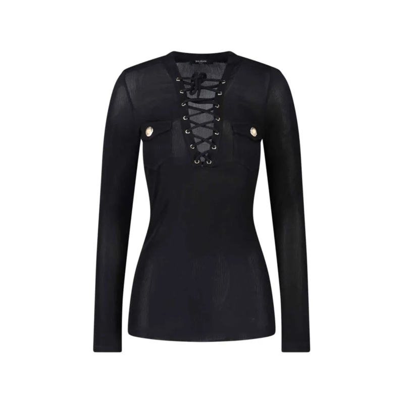 Balmain Trui Fitted Black Sweater With Lace-Up V-Neckline Black