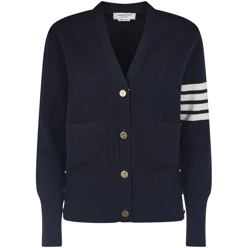 Thom Browne Cardigan Fine Merino Wool V-Neck Cardigan With Four-Bar Str Blue