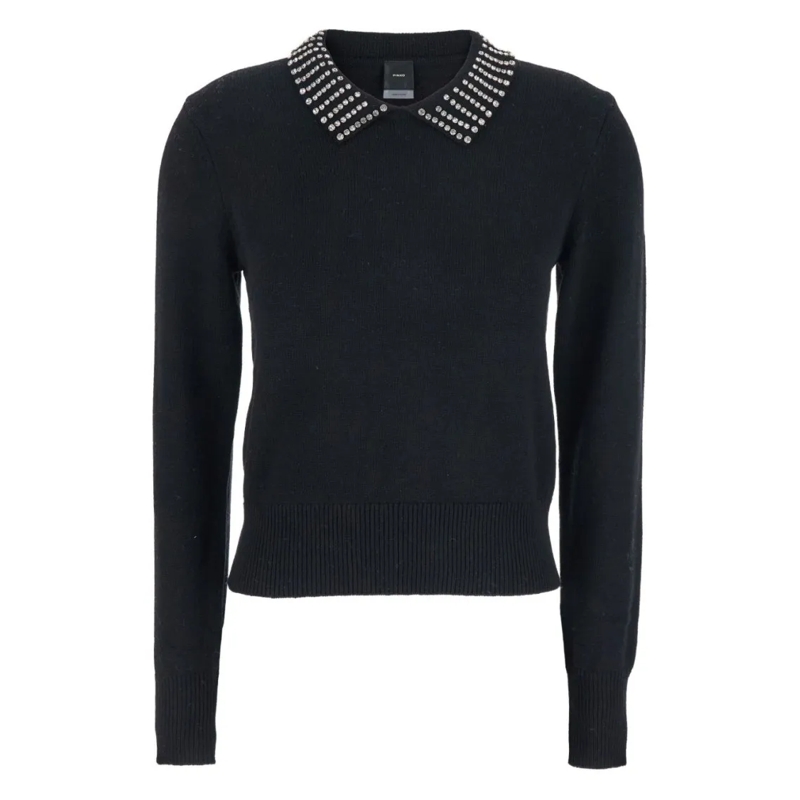 Pinko Trui Fitted Sweater With Rhinestone-Embellished Polo Co Black