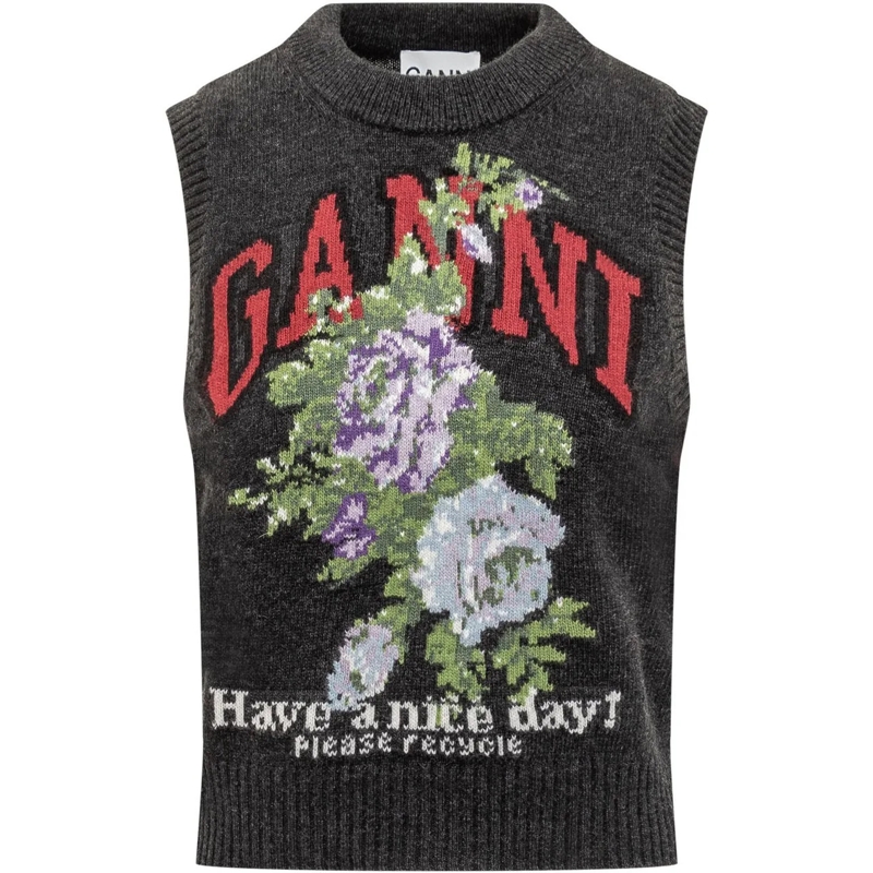 GANNI  Gilet Ganni in Lana con Fiori e Logo dunkelgrau