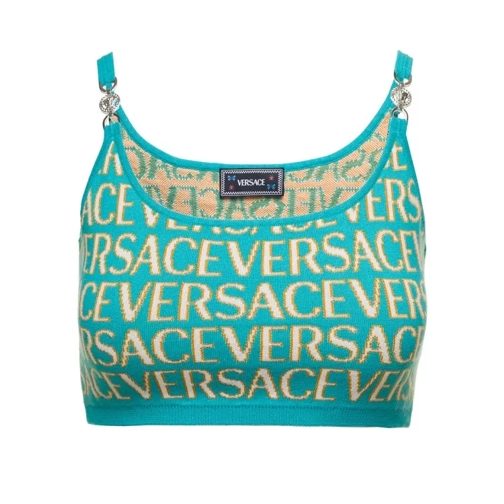 Versace Light Blue Crop Top With All-Over Logo Lettering A Green 