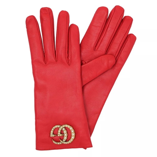Gucci GG Leather Gloves with Pearl Logo Red Handschuh
