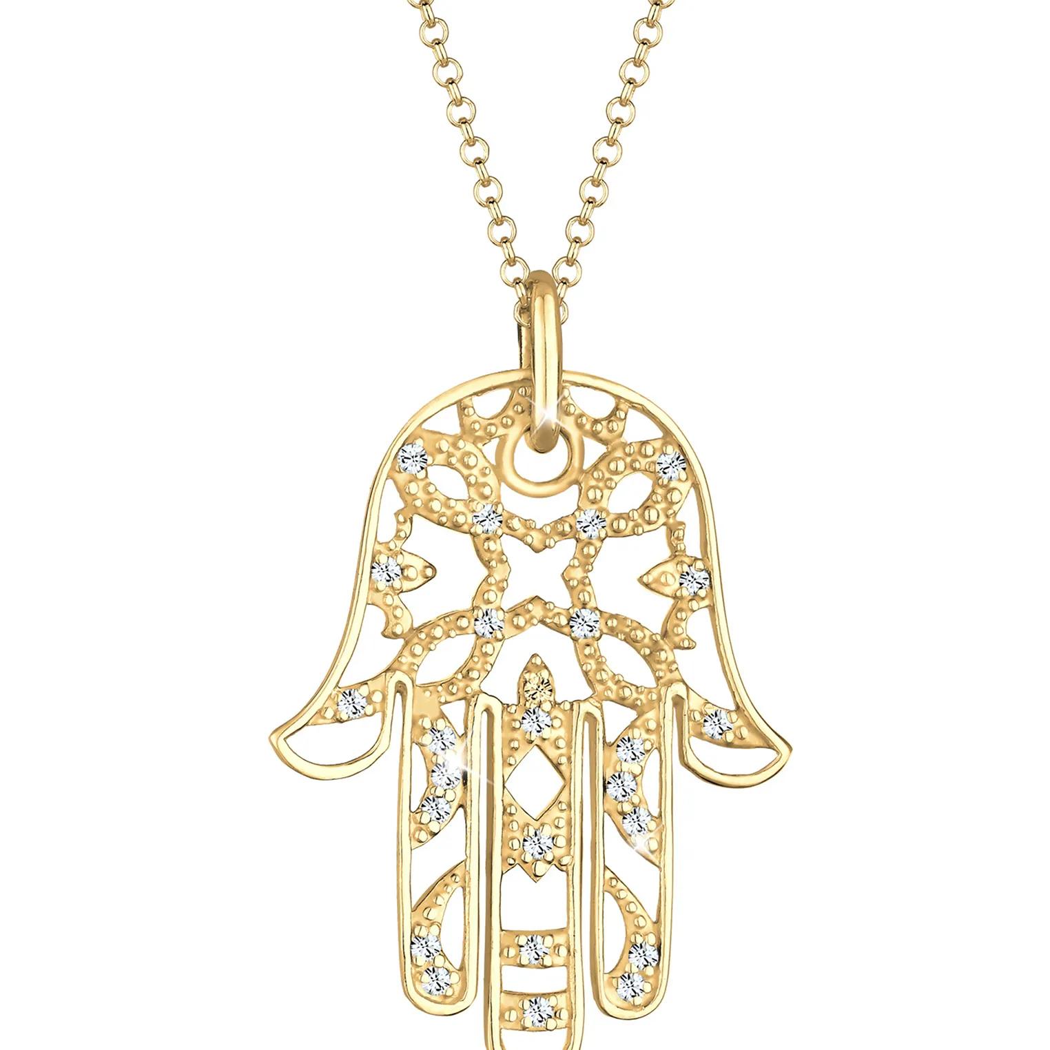 Elli Halsketten - Halskette Hamsa Hand der Fatima Kristalle 925 Silb - Gr. unisize - in Gold - für Damen