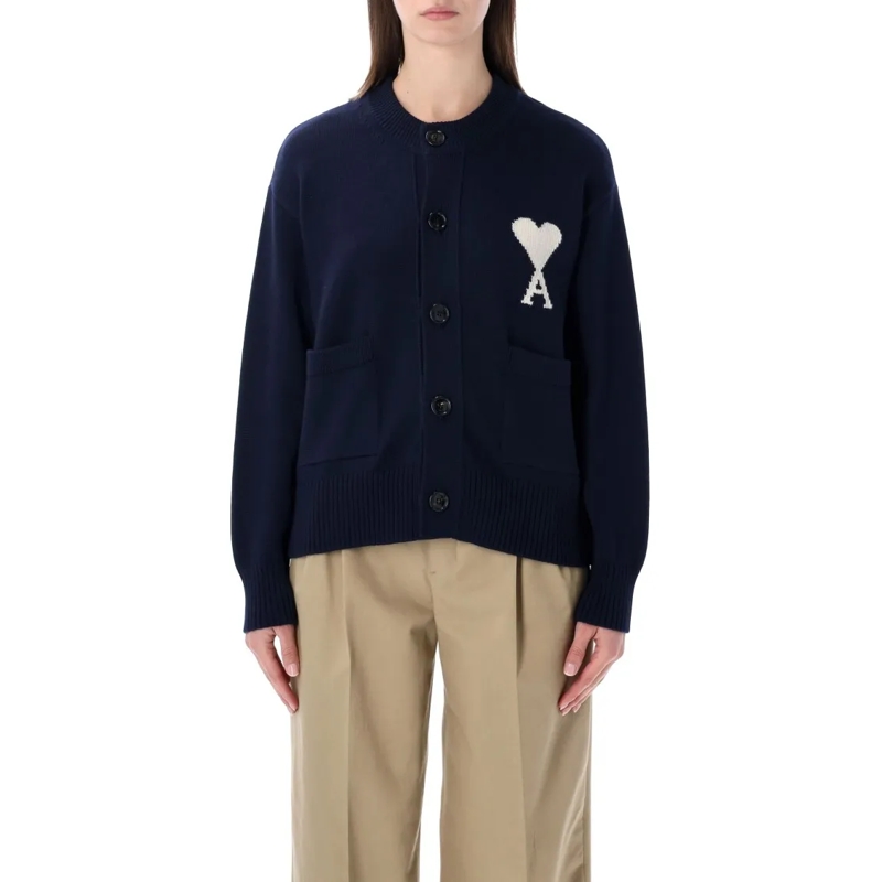 AMI Paris Vest Knit Cardigan With Intarsia And Button-Down Front Black