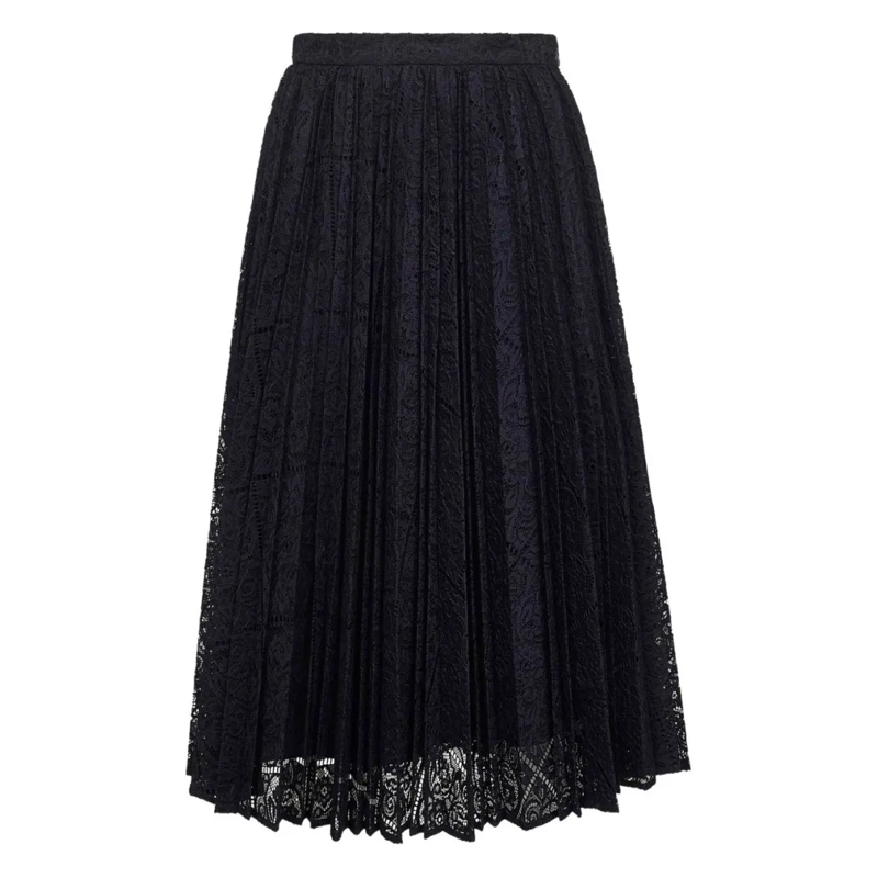 Max Mara Midirok Pleated Blue Midi Skirt With Lace Overlay Black