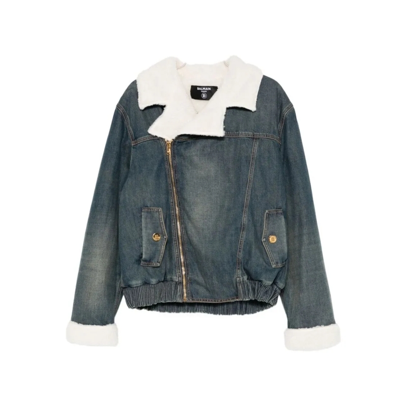 Balmain Jeansjacke Denim Jacket With Shearling Collar Grey