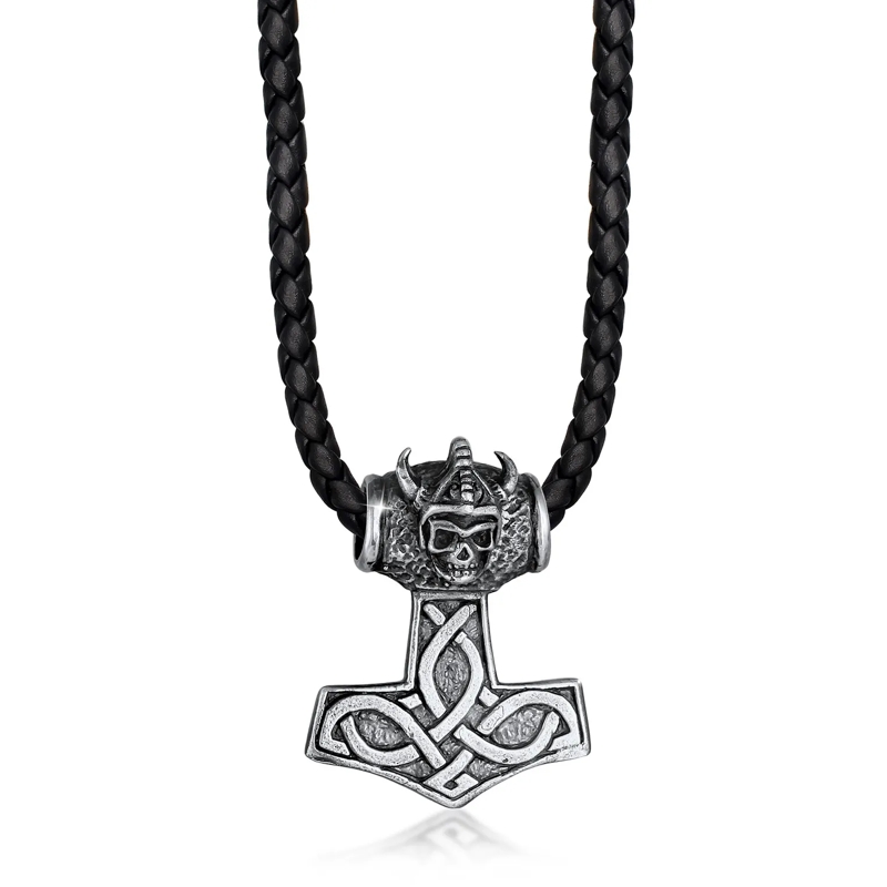 Kuzzoi Mittellange Halskette Halskette Leder Keltischer Knoten Thor's Hammer 92 silber