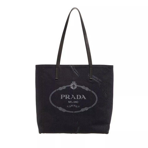 Prada Medium Tote in Printed Denim Blue/Black Shopping Bag