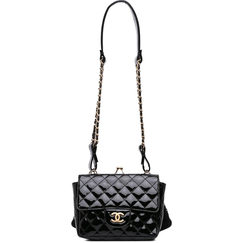 Chanel Sac à bandoulière Mini Patent Lace Kiss Lock Flap Double Bag schwarz