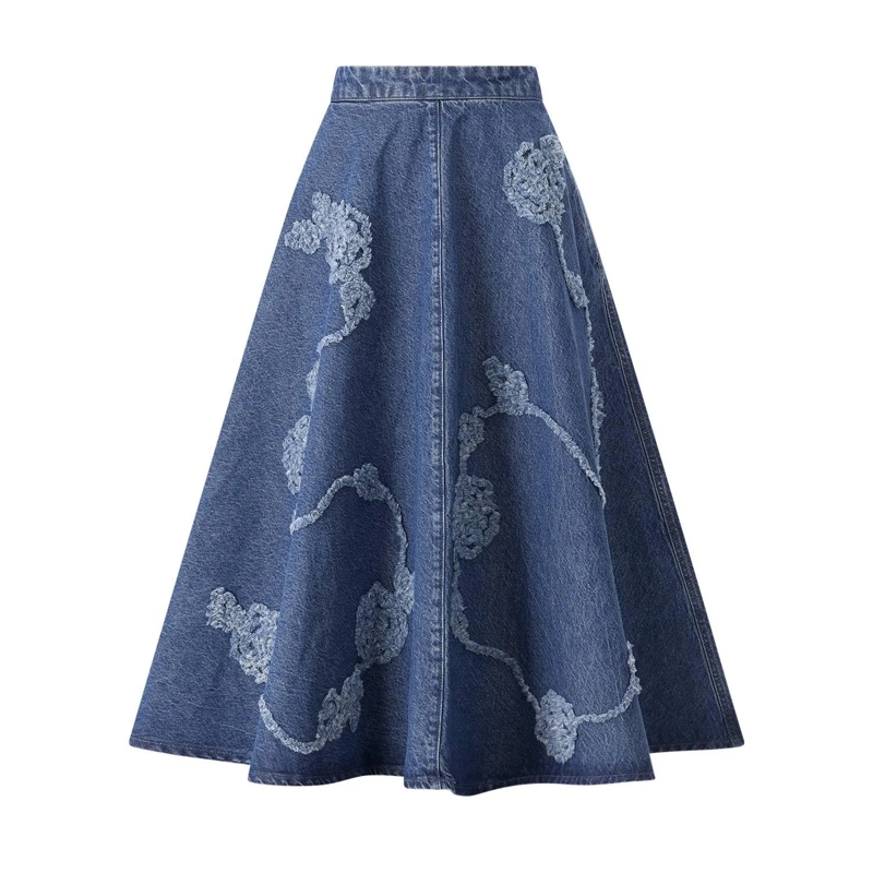 Rotate Maxirock Flared Blue Midi Skirt With Intricate Floral Embro Blue