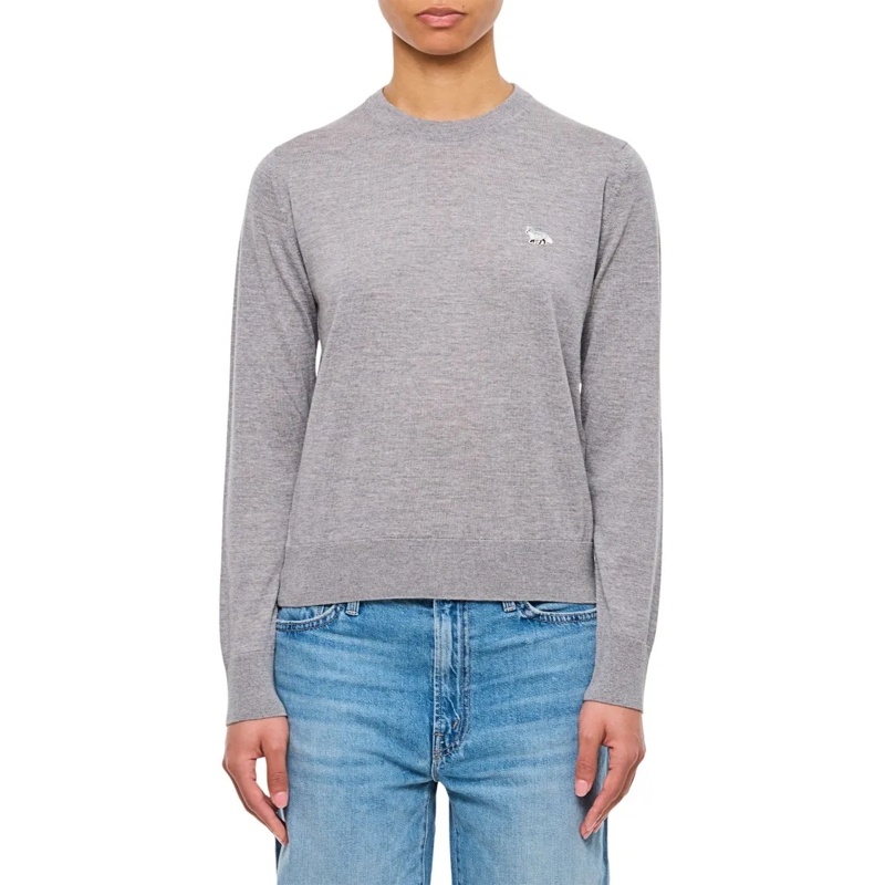 Maison Kitsune Pullover Lightweight Grey Sweater With Baby Fox Embroidery Grey