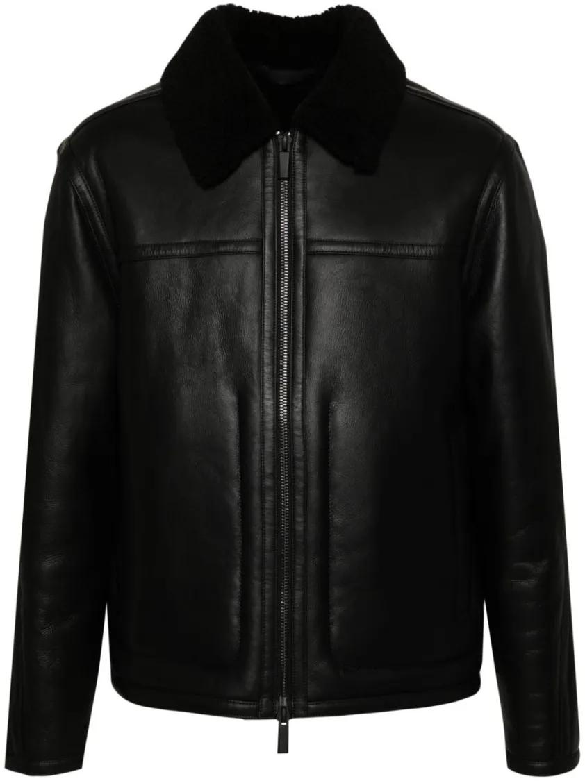 Calvin Klein Black Leather Shearling Jacket Black Lederjacken