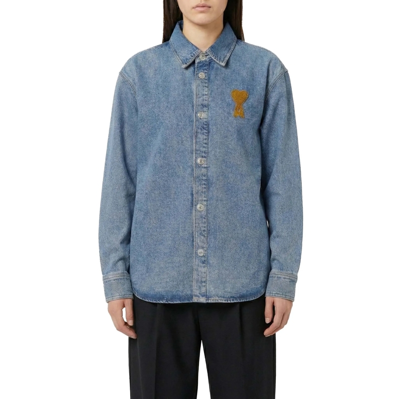 AMI Paris Hemd Denim Shirt With Classic Collar And Embroidered He Grey(Image 3)