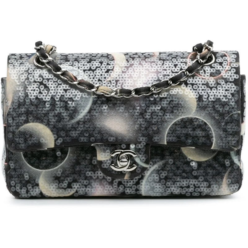 Chanel Sac à bandoulière Medium Classic Canvas Sequin Moon Double Flap schwarz