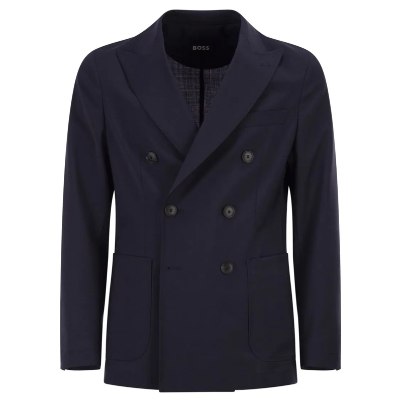 Boss Blazer Double-Breasted Blazer In Virgin Wool Blue