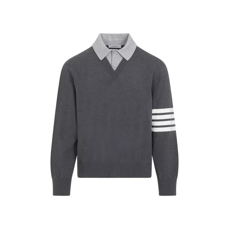 Thom Browne - Medium Grey Cotton Polo With V-Neck Pullover - Größe 5 - gray