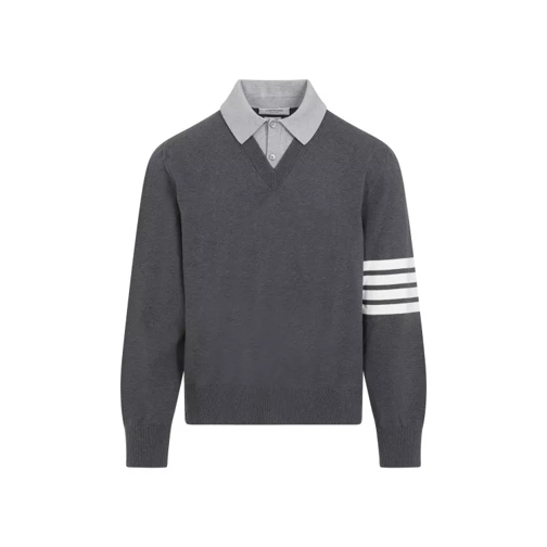 Thom Browne Medium Grey Cotton Polo With V-Neck Pullover Grey 