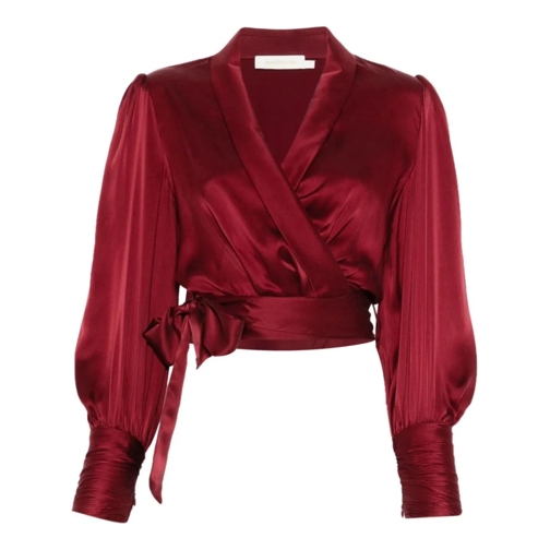 Zimmermann Langärmelige Oberteile Burgundy Cropped Silk Satin Wrap Top Burgundy