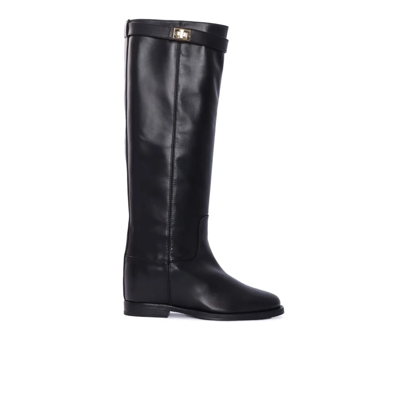 Via Roma 15 Bottes Tall Leather Boots With Metallic Lock Detail Black