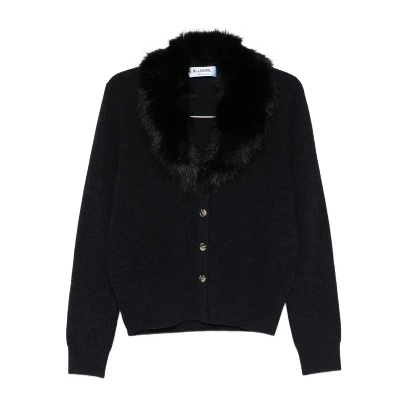 Blugirl Pullover Deep V-Neck Sweater With Black Fur Collar Black
