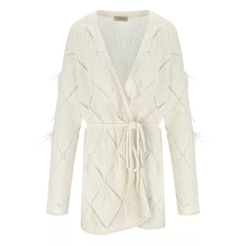 Twin-Set Off-White Cardigan With Feathers Neutrals 