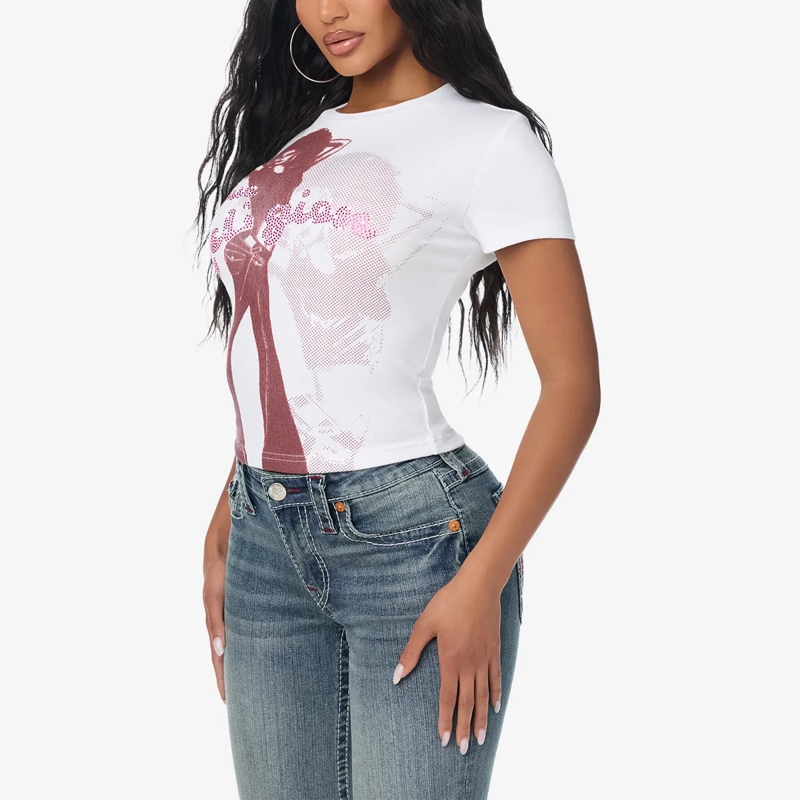 True Religion T-Shirt - Baby Tee- Markanter Grafikprint auf Front- Ret weiss(Image 3)
