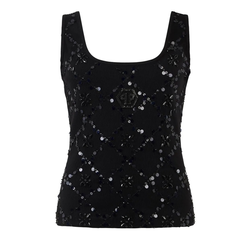 Philipp Plein Top Tank Top Rhomb Flower Strass schwarz