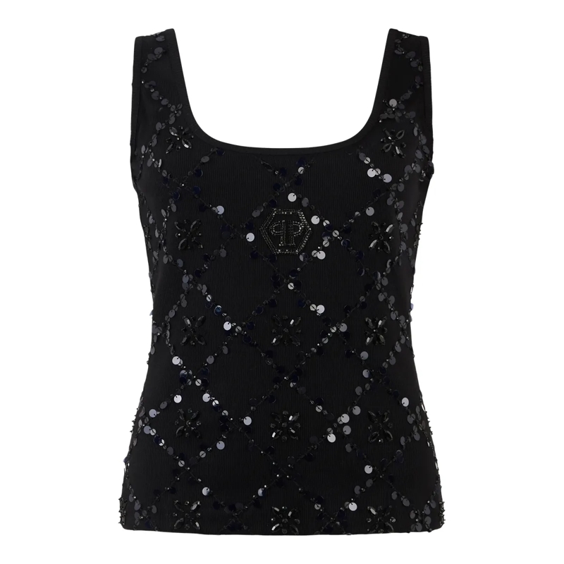 Philipp Plein Top Tank Top Rhomb Flower Strass schwarz