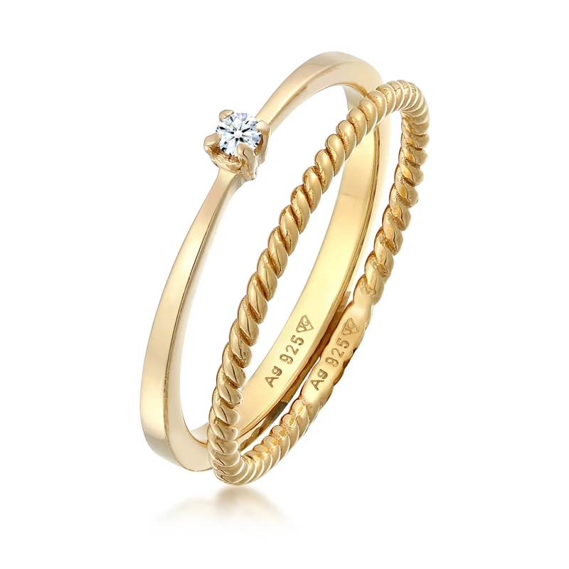 Elli Diamantring Ring Diamant (0.03 ct.) Kordel 2er Ring Set 925 Si gold