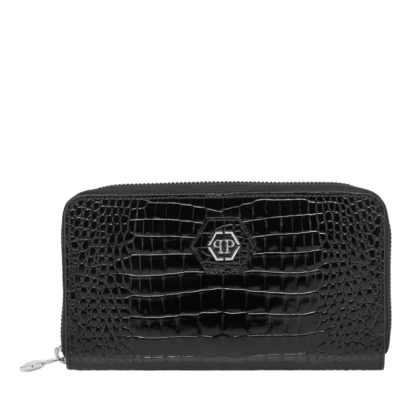 Philipp Plein Geldbörse Mid-Zip Brieftasche Cocco Crocco Geprägt schwarz