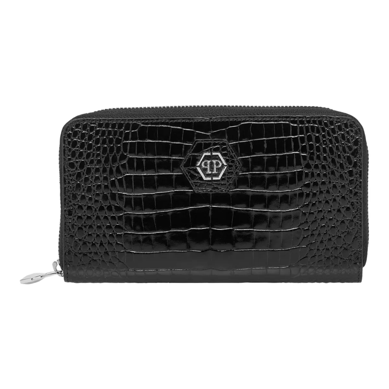 Philipp Plein Geldbörse Mid-Zip Brieftasche Cocco Crocco Geprägt schwarz