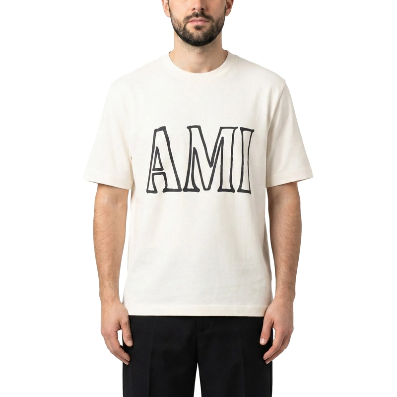 AMI Paris T-Shirt Off White Cotton T-Shirt With Double Logo Neutrals(Image 3)