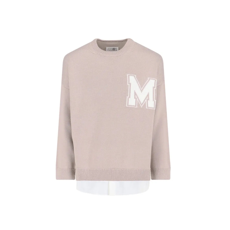MM6 Maison Margiela Pullover Textured Knit Sweater With Ribbed Trim – Neutral Pink